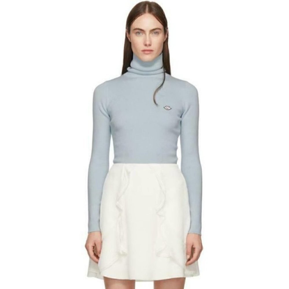 See By Chloe Blue Bisou Turtleneck Ribbed Long Sleeve Sweater Lip Detail S